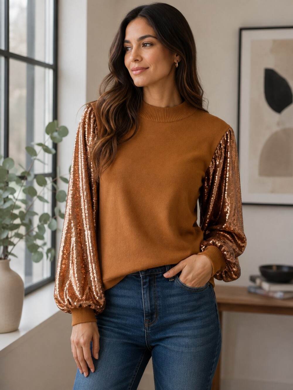 NWT GeeGee Sequin Sleeve Sweater Top Sz M Camel Bronze Balloon Sleeve Party